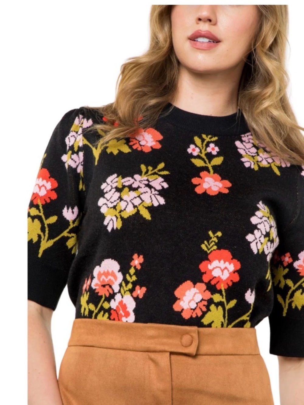THML Black Floral Crewneck Sweater with Pink & Red Blooms